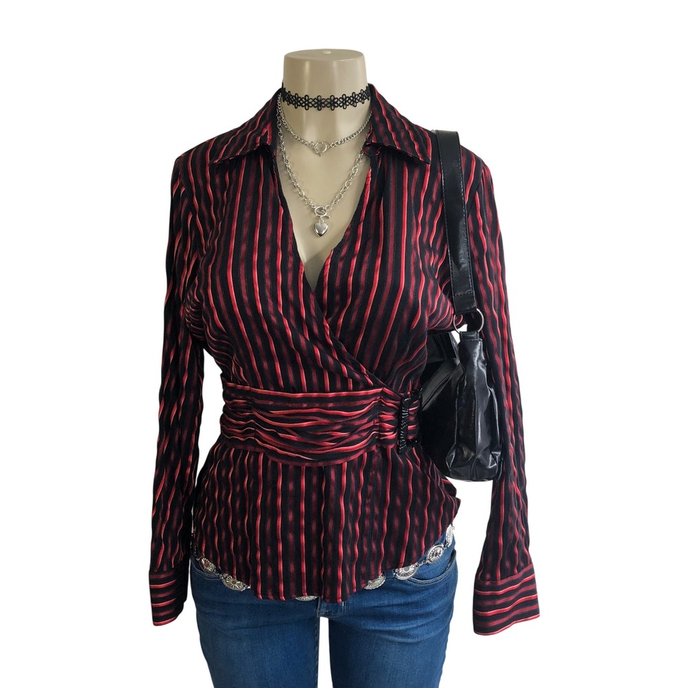 Vintage Y2K Apt 9 Red Black Striped Surplice Wrap Blouse Top Small Office Siren